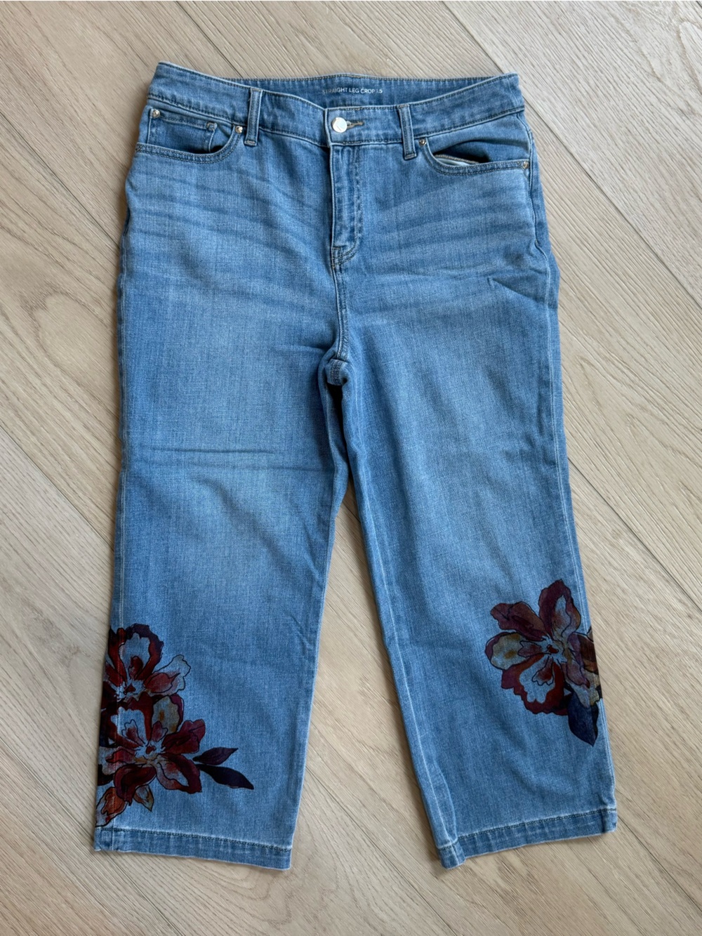 Chico's Light Blue Crop Straight-Leg Jeans with Floral Appliqués